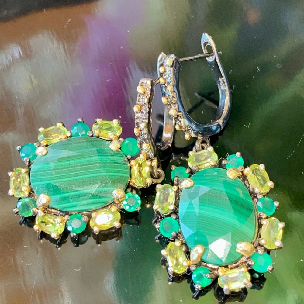 Royal Genuine Malachite Earrings with Gemstone Accents - Picture 11 of 14